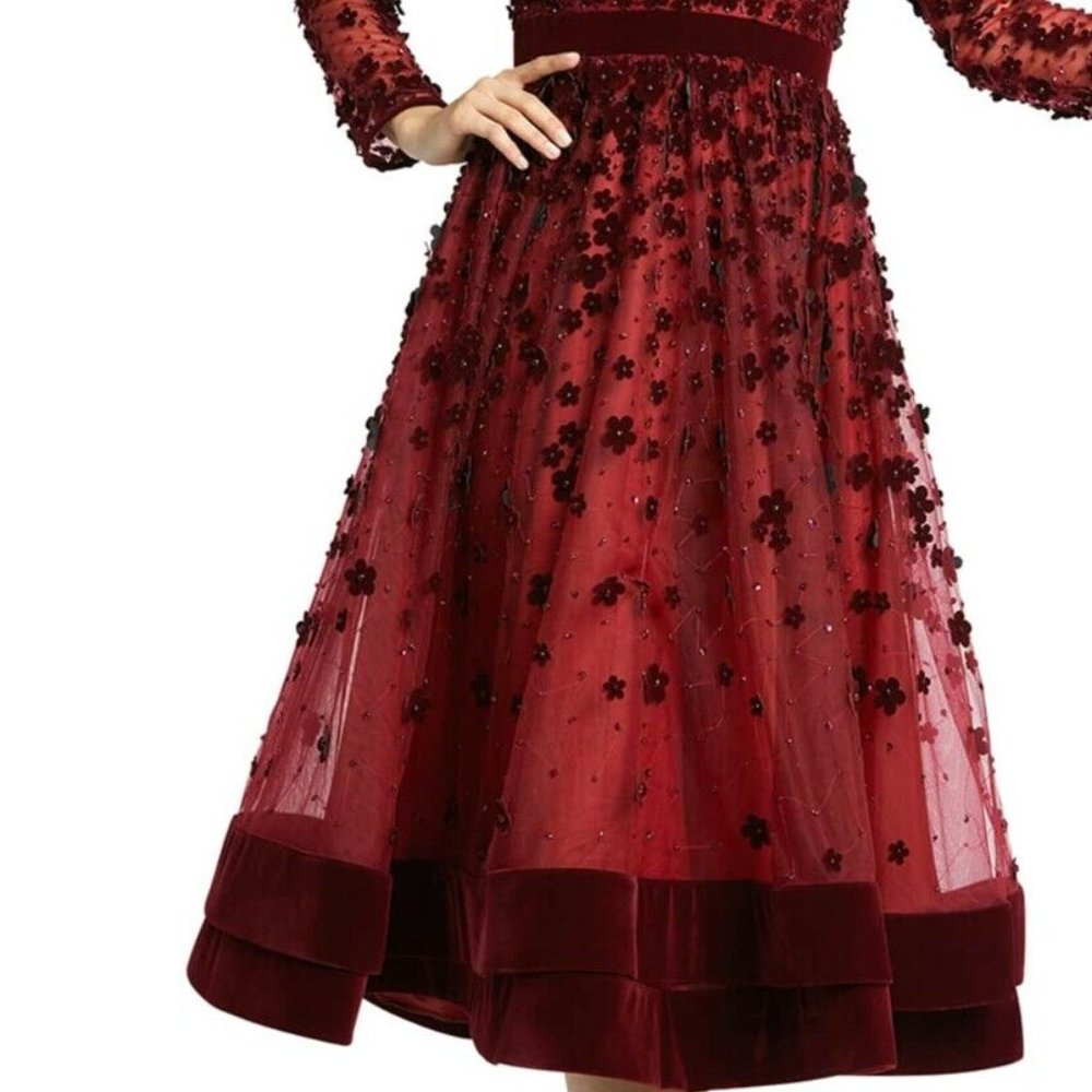Mac Duggal Floral Applique Cocktail Dress Dark Red Burgundy Velvet Mesh 14 - Picture 4 of 7